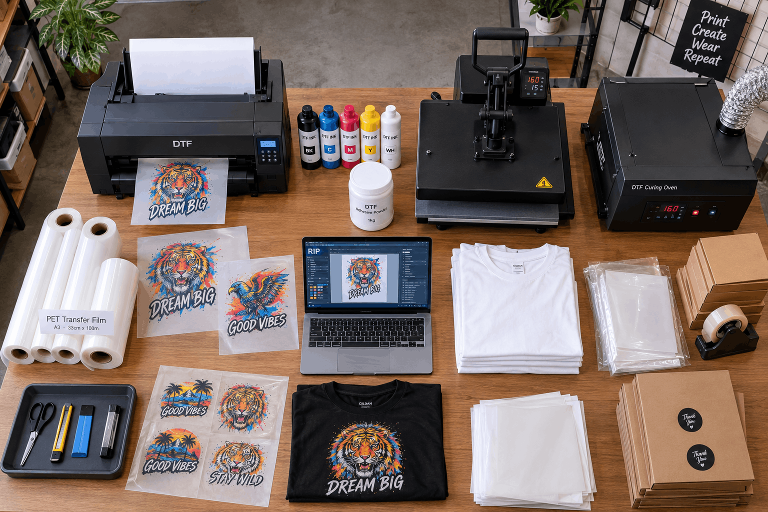 DTF printer setup cost with printer, heat press, film, ink, powder, and apparel supplies