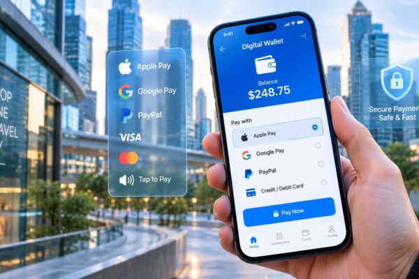 Mobile phone displaying a digital wallet payment interface against an urban background