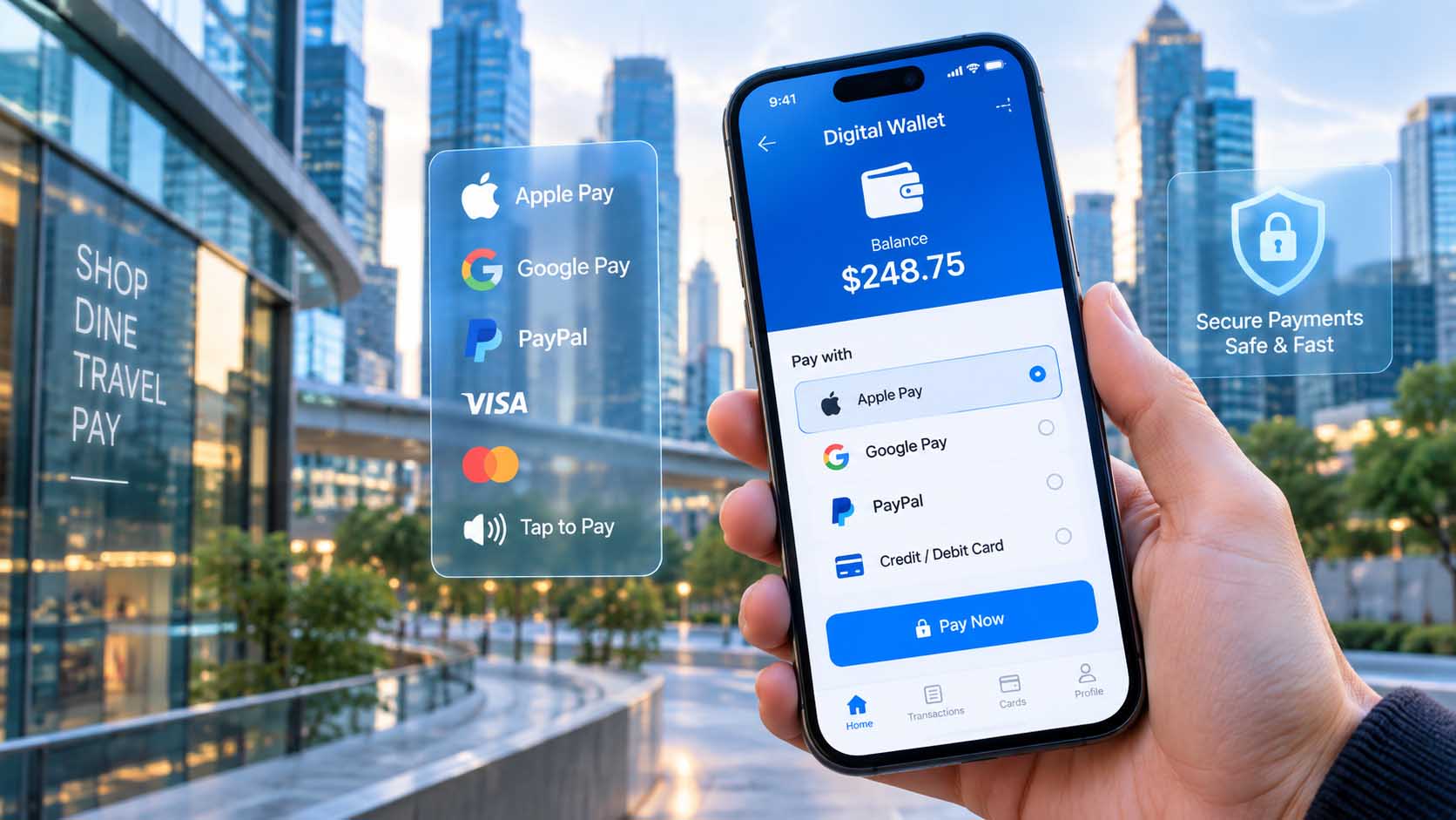 Mobile phone displaying a digital wallet payment interface against an urban background