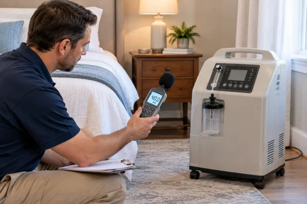 Home oxygen concentrator noise measurement using a digital decibel meter beside a stationary concentrator in a bedroom.