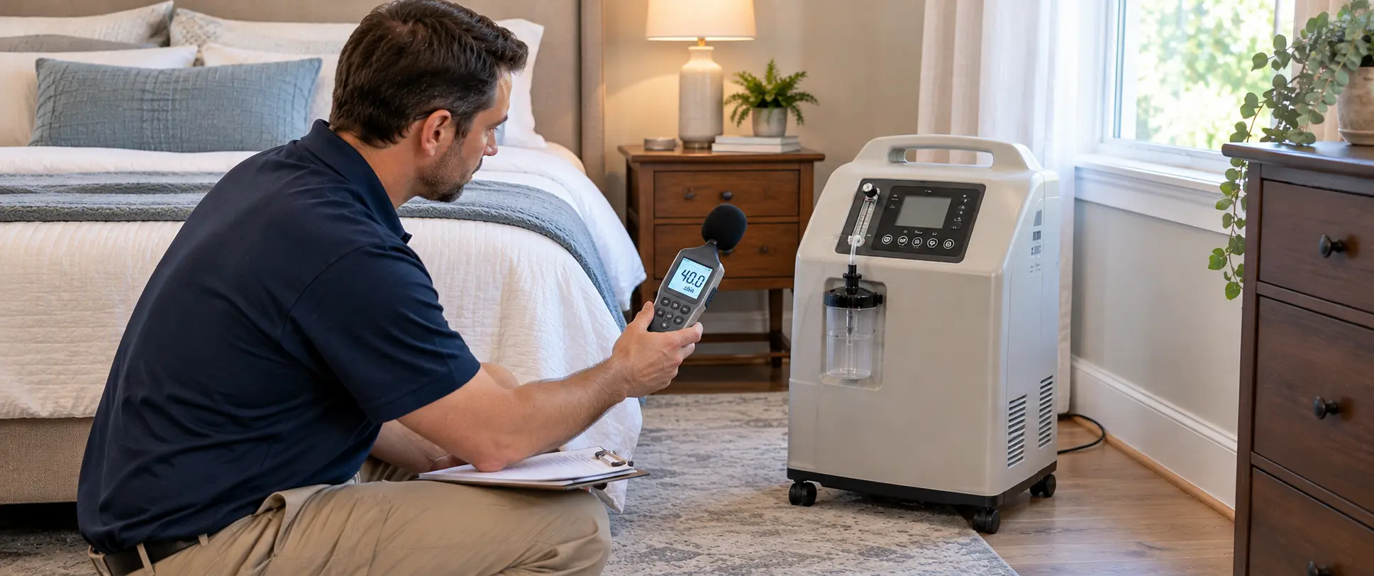 Home oxygen concentrator noise measurement using a digital decibel meter beside a stationary concentrator in a bedroom.