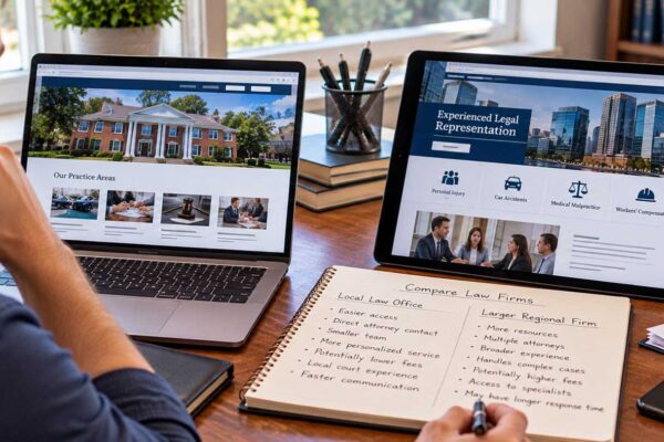 Prospective client comparing a local vs regional law firm using a laptop, tablet, and handwritten legal service notes.