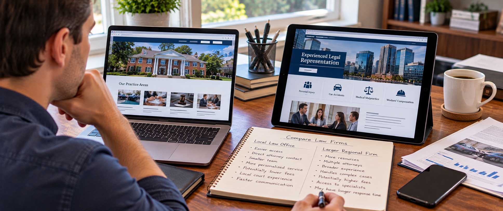 Prospective client comparing a local vs regional law firm using a laptop, tablet, and handwritten legal service notes.